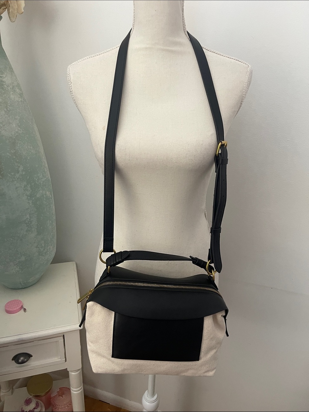 Free Assembly Canvas and Black Faux Leather Crossbody Shoulder Bag